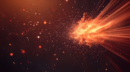 Wall Mural - The image features an abstract design with a central burst of warm, orange light emanating outward, surrounded by smaller dots of light and interconnected lines against a dark background.