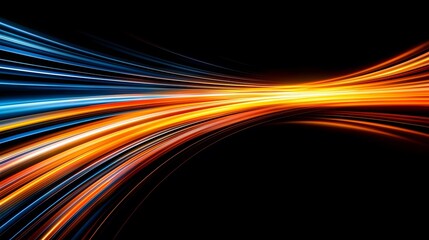 Wall Mural - The image features dynamic streaks of light in gradient hues from blue to orange and yellow against a stark black backdrop that creates a sense of speed and energy.