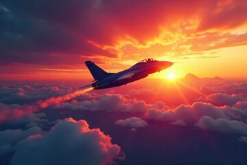 Wall Mural - A lone aircraft performs a daring dive, wings angled sharply downwards, against a vibrant sunset backdrop The dramatic lighting highlights the speed and power of the maneuver , engine, motion