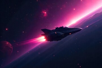 Wall Mural - A lone spacecraft soars through the inky blackness of space, distant nebulae swirling in the background, representing the boundless exploration and discovery of new frontiers , color, science