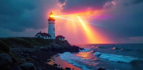 Wall Mural - A majestic lighthouse beams its light, refracted into a vibrant rainbow by the misty sea air  A breathtaking coastal scene of natural beauty and dramatic light , sea, ocean