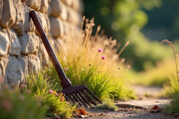 Wall Mural - A rusty garden rake leans against a sun-drenched stone wall, surrounded by dry, golden grasses and wildflowers, evoking a feeling of late summer's warmth and stillness , shadow, meadow, rustic