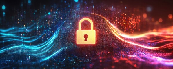 A glowing lock symbol stands against a vibrant background of flowing digital data streams- representing secure networks- data encryption- and the protection of sensitive online information.
