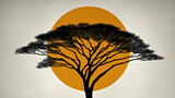 Minimalist Tree Silhouette with Rising Sun and Fading Moon on Textured Background – Tranquil Nature Landscape, Serene Dawn and Night Transition Art