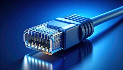 A detailed close-up of a blue Ethernet network cable connector, showcasing its intricate pins against a reflective blue background.