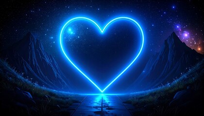 Neon heart in a starry mountain landscape