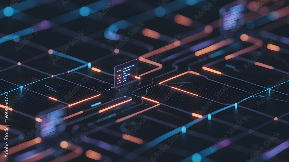 Abstract glowing digital network grid with blue and orange lines on ...