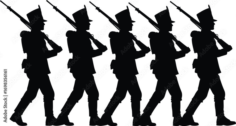Marching Rifle Marching soldiers in silhouette, a disciplined line of figures in ...