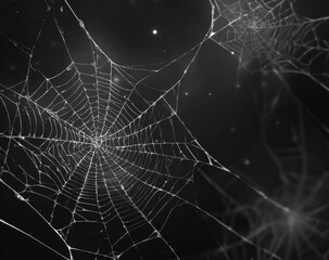 Intricate spiderwebs glistening in the darkness at night.