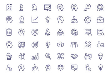 Business strategy icon set, linear editable stroke web icons showcasing planning, leadership, market analysis, innovation, key concepts, teamwork, project management, corporate solutions, vector