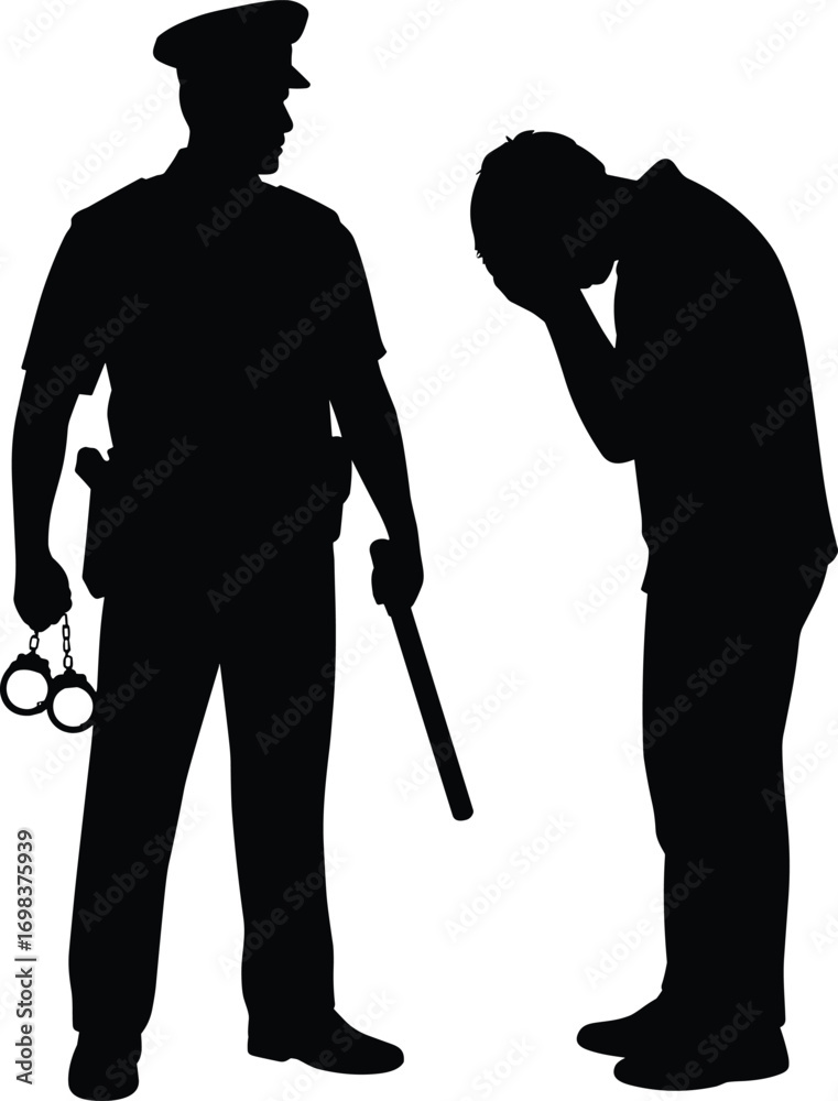 Silhouette of police officer arresting man, holding handcuffs, law ...