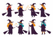 © Nafa Project - Cute Witches Collection: Vector Illustration Set of Magical Characters with Brooms and Wands for Halloween and Fantasy Designs.