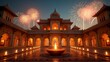 Deepavali Diwali theme, Traditional Indian palace decorated with diyas and fireworks during Diwali.