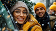 © syhin_stas - people laughing while loading Christmas tree into SUV trunk, cozy winter clothing, happy holiday preparation