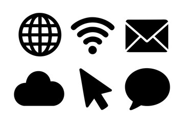 Internet icons in black silhouette style: globe, wifi, email, cloud, cursor, and chat bubble.
