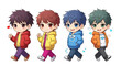 © KBTO - Cute kawaii character collection featuring four colorful walking boys, an isolated graphic illustration design