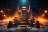 Spooky halloween night scene with glowing jack o lanterns and ancient pillars