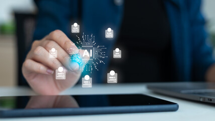 Businesswoman using tablet with artificial intelligence, AI recruitment technology, and digital HR management. Concept of automation, people analytics, hiring process, and modern business innovation.