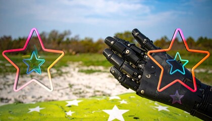 Robotic Hand with Neon Wireframe Stars