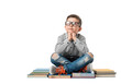 © Anna - Young caucasian boy, 8-10, glasses, striped shirt, on books, looking at glowing rocket on white studio background with copy space. Concept of boundless imagination and learning