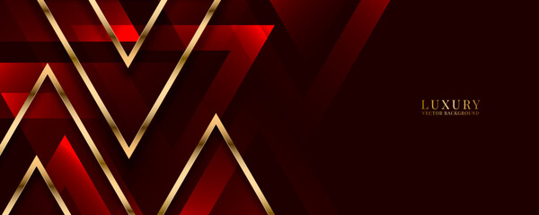 Wall Mural - 3D red luxury abstract background overlap layer on dark space with golden triangle lines effect decoration. Modern graphic design element cutout style concept for web, flyer, card, or brochure cover