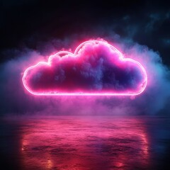 Wall Mural - Vibrant Neon Cloud Illuminates Dark Stormy Sky with a Reflective Surface Below, Creating a Dreamlike Atmosphere in a Surreal Landscape Scene