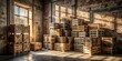 © InspireStock Gallery - Sunlit Rustic Warehouse Interior Featuring Stacked Wooden Cargo Crates