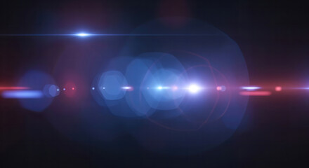 Wall Mural - Vibrant optical lens flares illuminate a dark abstract background with energetic blue and crimson light streaks, creating a captivating digital atmosphere.