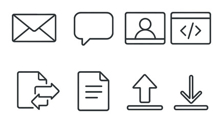 Set of eight black line icons for communication, file management, and coding
