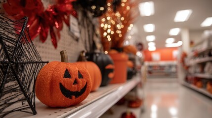 Wall Mural - Medium shot of a brightly lit Halloween aisle showcasing spider webs and pumpkins with blurred shelves in the background.