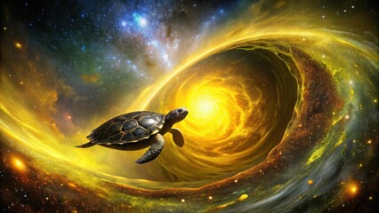 Wall Mural - A lone turtle glides through a cosmic vortex, a vibrant nebula swirling around it, embarking on an interstellar journey towards a brilliant, radiant light.