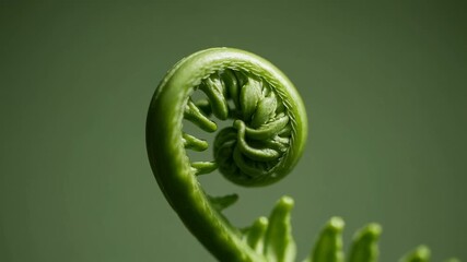 Delicate fern frond gradually unfurling against verdant green background, revealing intricate spiral growth pattern and natural botanical beauty