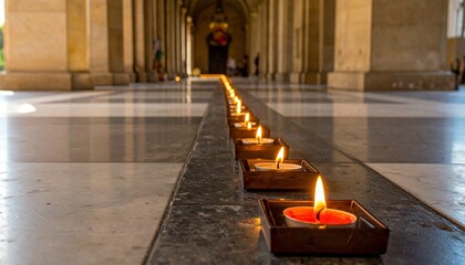 Row of lit candles in a corridor with arches and checkered floor.