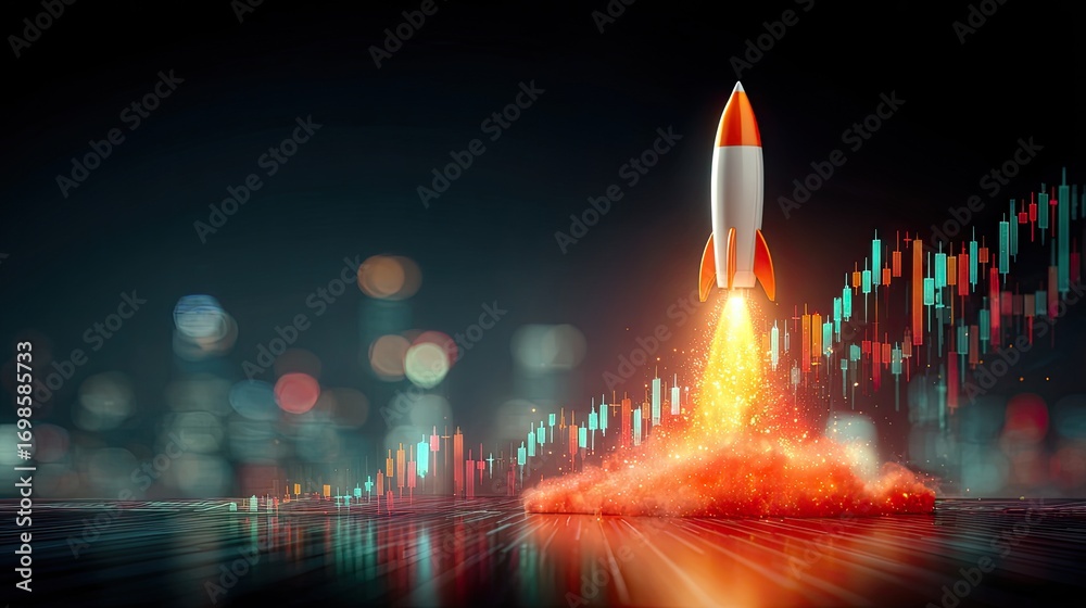 Abstract golden rocket taking off from stock market chart platform ...