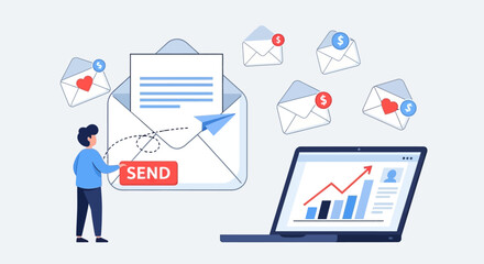 A person sending a message with many envelopes, showing business growth on a laptop.