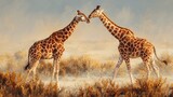 two giraffes in a desert like setting with dry vegetation. they are captured mid action, with their necks intertwined as they engage in what appears to be a social interaction or playful behavior