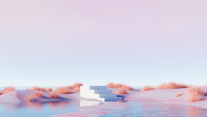 Wall Mural - 3d render, surreal abstract desert landscape with white staircase and water
