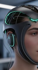 Woman wearing futuristic neural interface helmet. Brain computer interface for advanced technology and immersive virtual reality.
