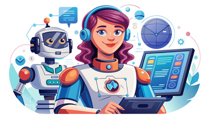 Close-up portrait of female robotics trainer demonstrating a coding task. White background highlights guidance, knowledge, and technological literacy.