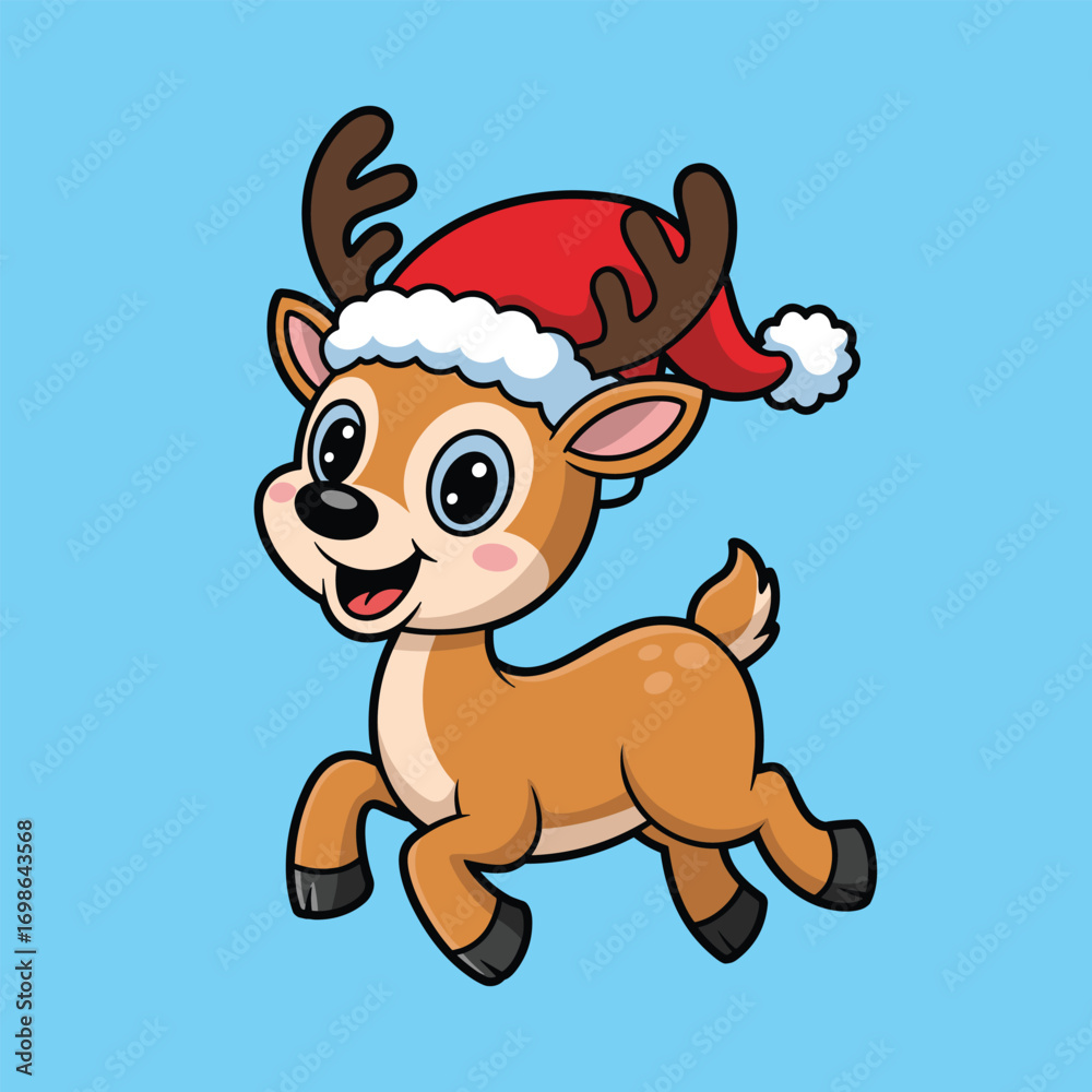 Cute cartoon reindeer wearing a Santa hat and running happily christmas ...