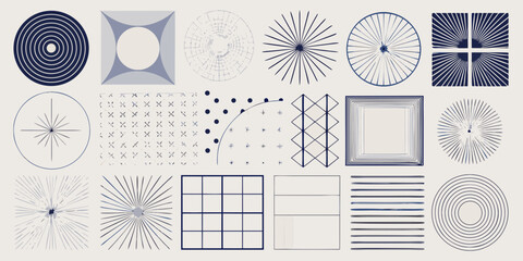 Abstract geometric shapes and patterns in minimalist blue and grey tones on a light background