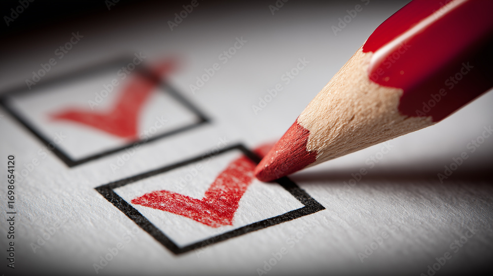 Pencil marking check boxes on a form, illustrating quality control ...