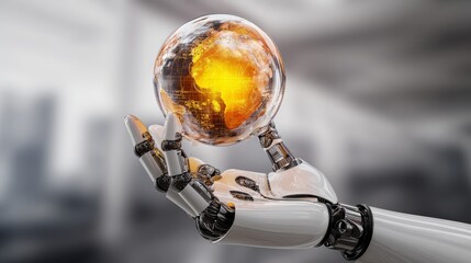 Futuristic robot hand holding glowing holographic globe, artificial intelligence representation, high-resolution digital illustration.