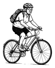 Wall Mural - grandma cycling with backpack and helmet wearing glasses side view black and white outline line art 