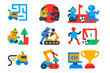 © Александр Михайлюк - Robotics Icon Set. Flat vector icons of robotic competitions: maze solving robot, sumo robot, robot race, obstacle course bot,