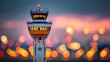© CinimaticWorks - airport control tower scene with soft bokeh lights against clear sky representing modern aviation air traffic management flight control technology and airport operations