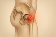 © Maryia - anatomical view of pelvis and thigh, with red glow on hip socket, is ideal for illustrating hip arthritis, labral tear, or osteonecrosis of femoral head in both clinical and educational visuals.