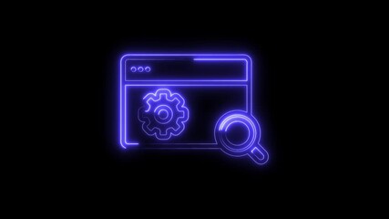Neon browser with cogwheel and magnifying glass animation on black background,website search engine