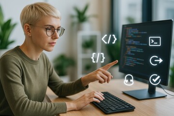 a focused woman coding on a computer, immersed in technology