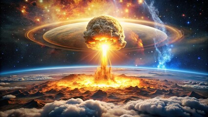 Wall Mural - vivid and dramatic nuclear explosion creating cosmic shockwave and particles in dark sky